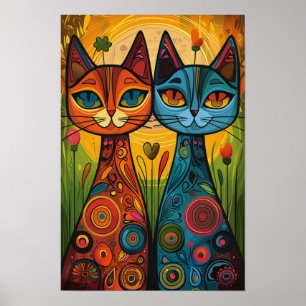 Poster Gatos Whimsical em Harmonia: Arte Folclórica Color