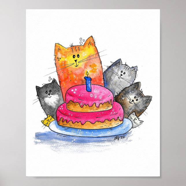 Poster Gatos Whimsso com Bolo de Aniversário (Frente)