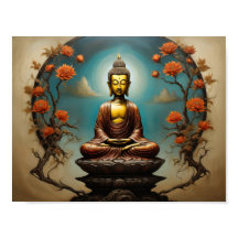 Gautama Buda meditando com árvore de flores