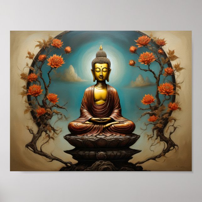 Poster Gautama Buda meditando com árvore de flores  (Frente)