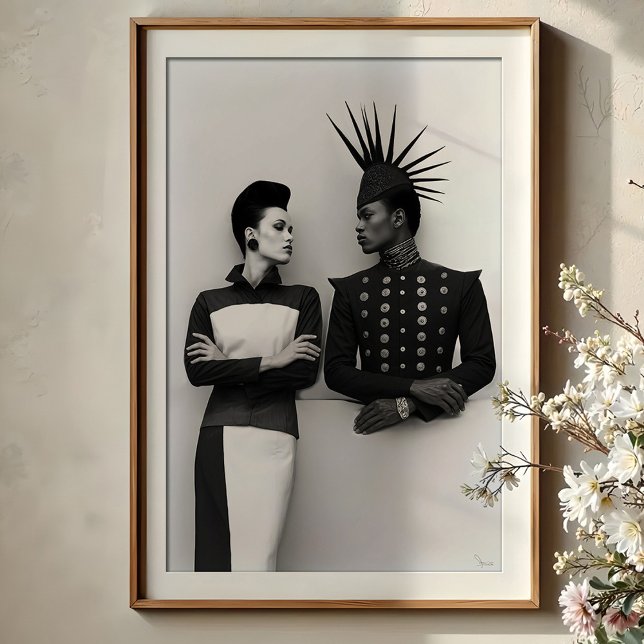 Poster Gaze Intensa: Avant-Garde Fashion Duo Retrato (Criador carregado)