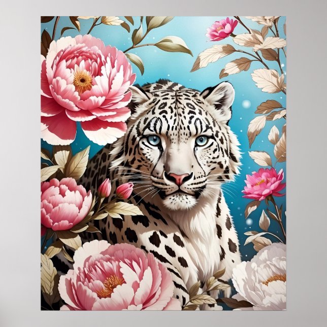 Poster Gaze-Leopardo-Da-Neve Em Greve E Pêonias Rosa (Frente)