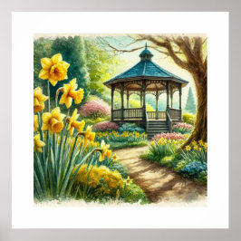 Poster Gazebo Floral de Primavera em Aquarela Arte de IA