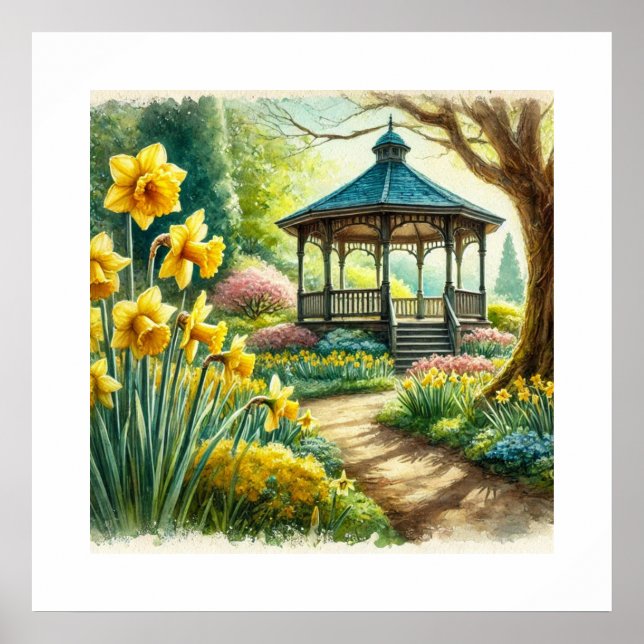 Poster Gazebo Floral de Primavera em Aquarela Arte de IA (Frente)