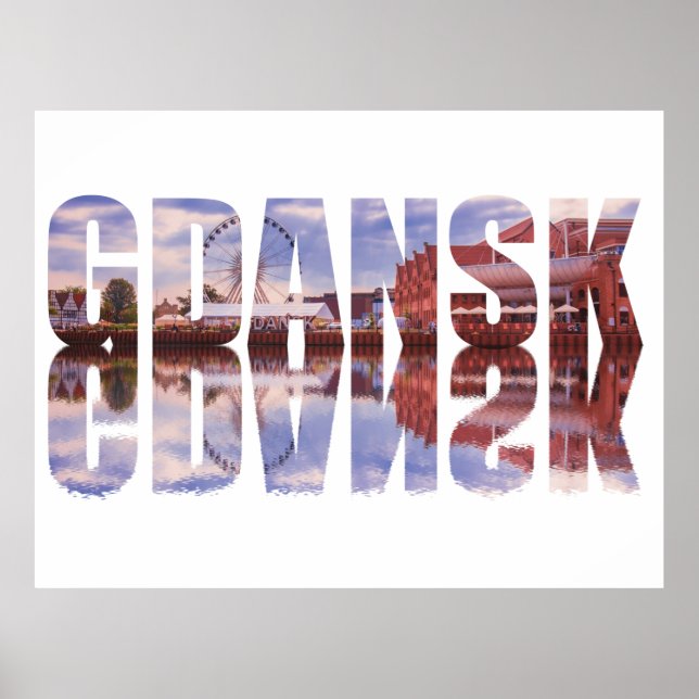 Poster Gdansk text with old town view with reflection (Frente)