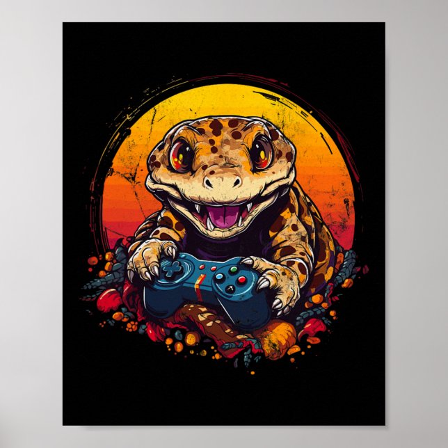Poster Gecko Jogando Vídeo Jogo Lizard &amp; Répteis Gam (Frente)