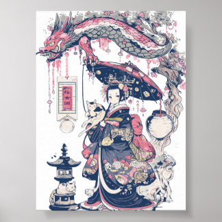 Poster Geisha com dragão e gatos 37007