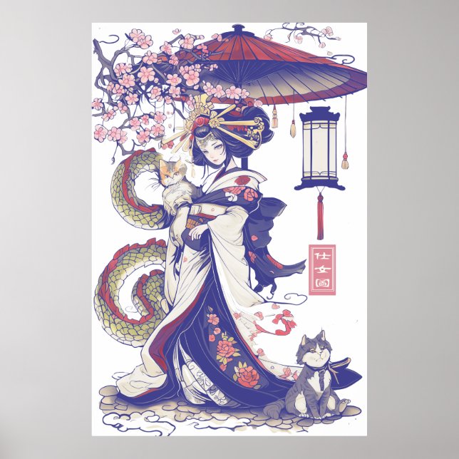 Poster Geisha com dragão e gatos 37009 (Frente)