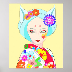 Poster Geisha com Flores Pop Art