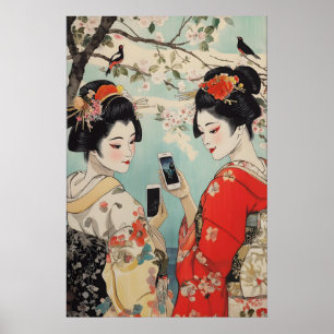 Poster Geisha com Smartphones Arte Impressa Ukiyo-e Japon