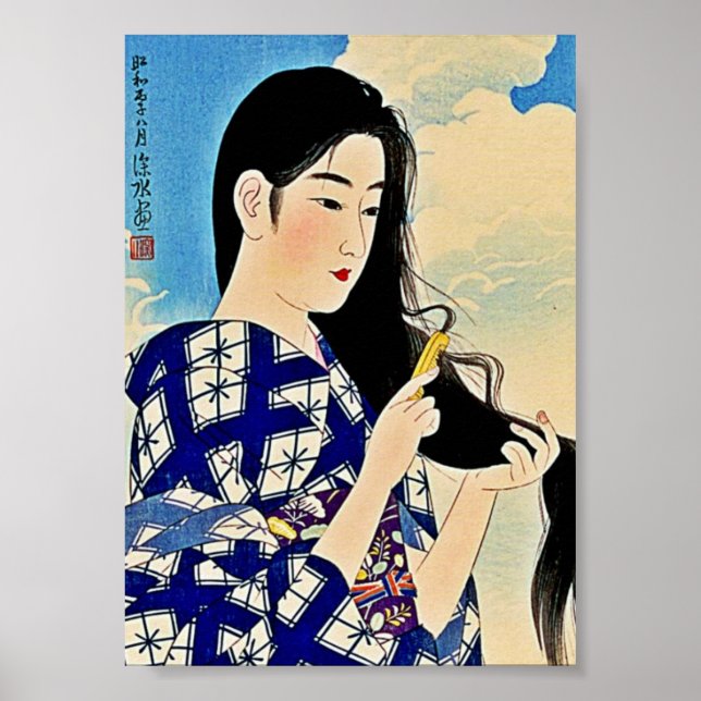 Pôster Geisha Combing Hair Japonês Woodblock Ukiyo-E Art (Frente)