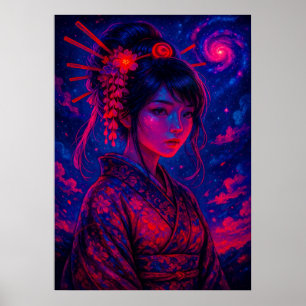 Poster Geisha Cósmica com Galaxy Sky Fantasy Japonês