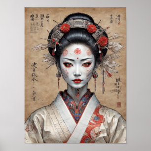 Poster geisha cyberpunk japonesa em pergaminho