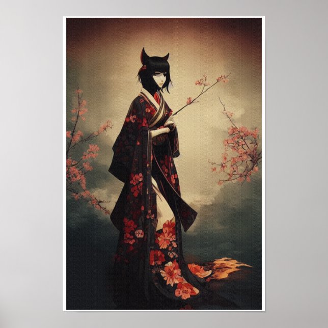 Poster Geisha em Kimono III - Kitsune (Frente)