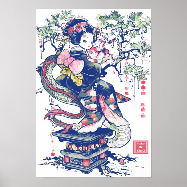 Poster Geisha Girl With Dragon and Cats 37004 (Frente)