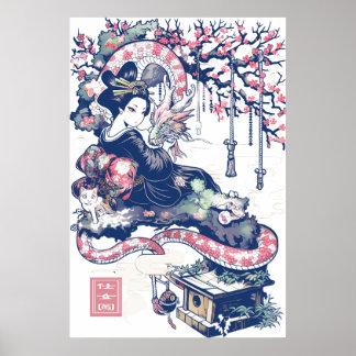 Poster Geisha Girl With Dragon and Cats 37005