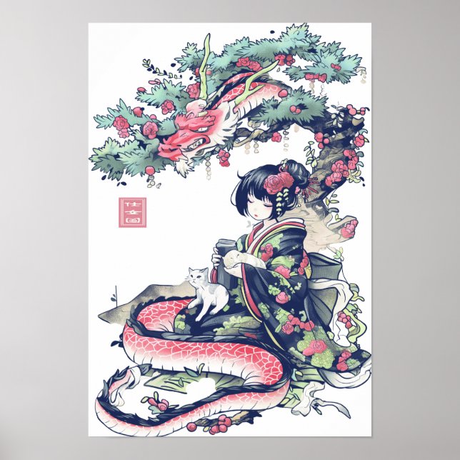 Poster Geisha Girl With Dragon and Cats 37006 (Frente)