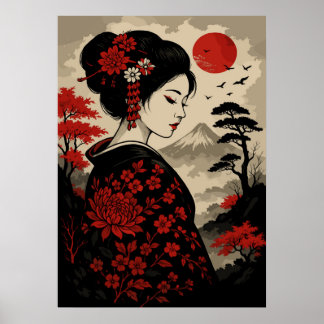 Poster Geisha Japonês com Flores Vermelhas e Monte Fuji