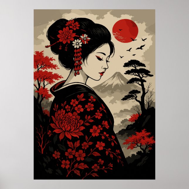 Poster Geisha Japonês com Flores Vermelhas e Monte Fuji (Frente)