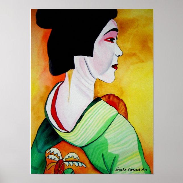 Pôster Geisha japonesa com arte original verde kimono (Frente)