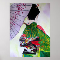 Geisha japonesa com kimono e guarda-chuva roxa