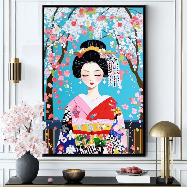 Poster Geisha Kimono Cherry Blossom Muralha Japonês (Criador carregado)