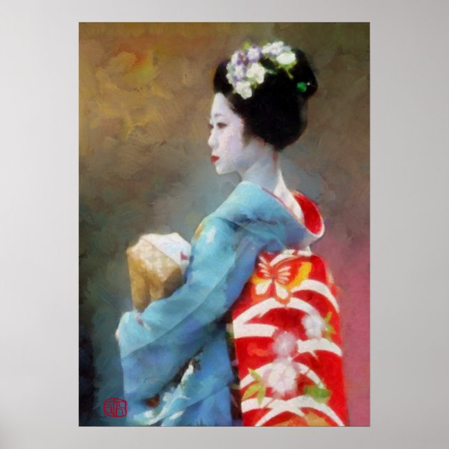 Poster Geisha na arte kimono azul (Frente)