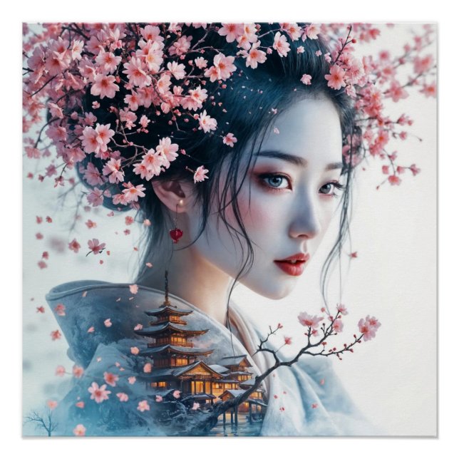 Pôster  Geisha portrait, cherry blossoms, Japanese art, (Frente)