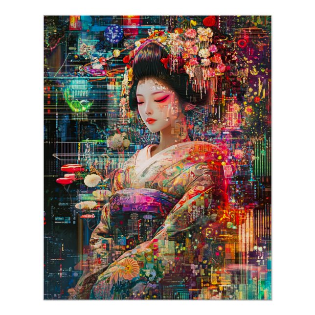 Pôster Geisha Poster, Androide Radiante Cyberpunk Geisha (Frente)