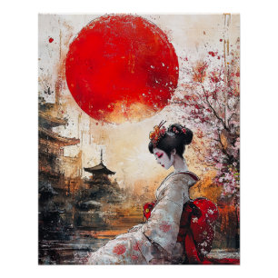 Pôster Geisha Poster, Elegante Estilo Ukiyo-e Geisha