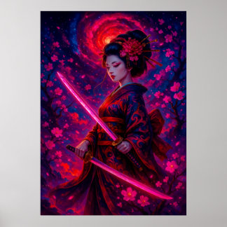 Poster Geisha Samurai Cósmica com fantasia de espadas bri