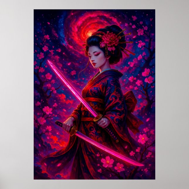 Poster Geisha Samurai Cósmica com fantasia de espadas bri (Frente)