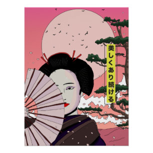 Pôster Geisha Seja Bonita Mangá japonês estilo Japonês