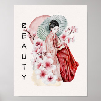 Poster Geisha Watercolor japonesa com Kimono e Sakura