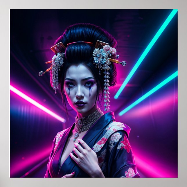Poster Geisha with Neon Background – Fridge Magnet Art (Frente)