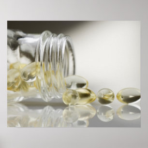 Poster Gelcaps que derrama fora da garrafa de vidro