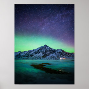 Poster Gelo e neve Aurora Borealis Via Látea Islândia