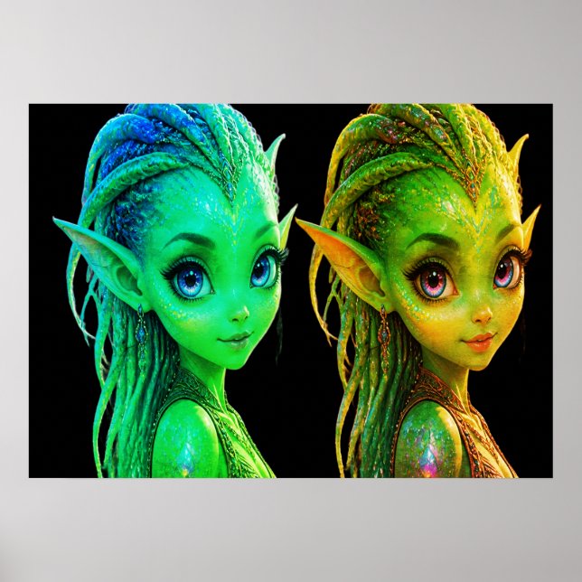 Poster Gêmeas Alienigenas Lindas em uma Parede (Frente)