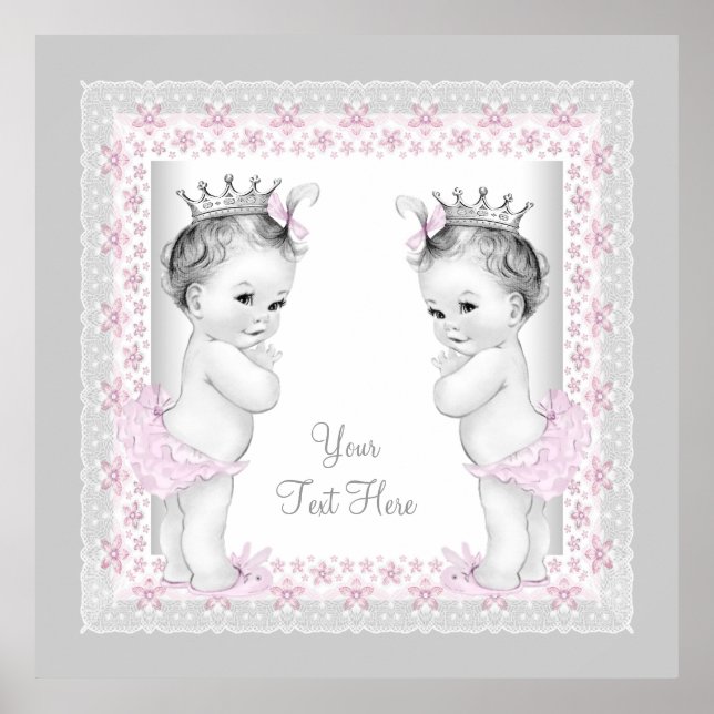 Pôster Gêmeas Bebês Princesas Vintage Rosa (Frente)