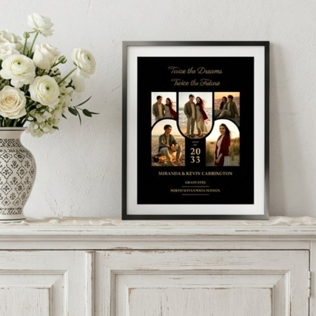 Poster Gêmeos Chic Arched Collage Double Grads TMF26 (Stylish Double Graduation Poster with Five Arched Photo Placeholders and Luxury Gold Effect Accents.)