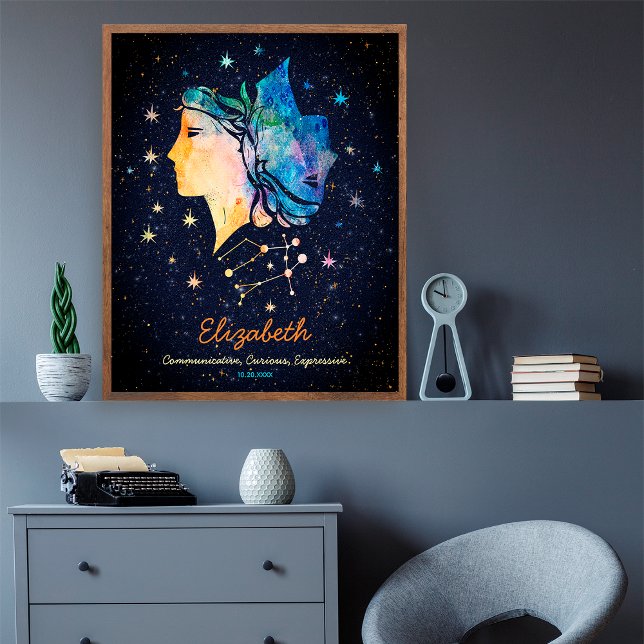 Poster Gemini Constelle Zodiac Watercolor Star Galaxy (Criador carregado)