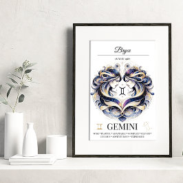 Poster Gemini Personalizado Elegante Zodiac Watercolor