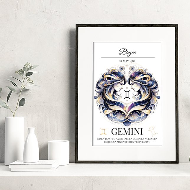 Poster Gemini Personalizado Elegante Zodiac Watercolor (Criador carregado)