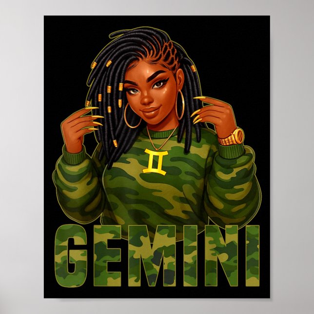 Poster Gemini Queen Loc'd Black Woman Camo Zodiac Sign  (Frente)