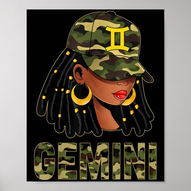 Poster Gemini Queen Loc'd Hair Black Woman Camo Cap Zodia (Frente)