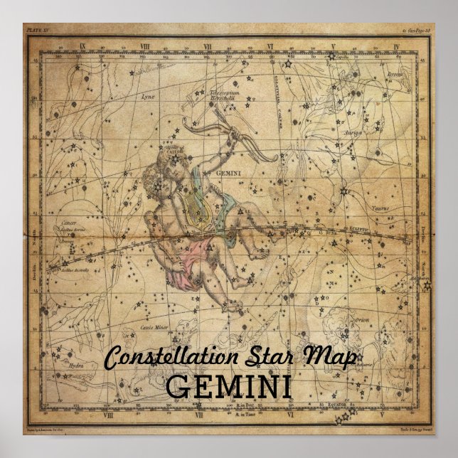 Pôster Gemini Twins Constellation Star Map June (Frente)