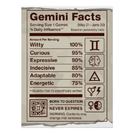 Pôster Gemini Zodiac Nutrition Facts Poster - Aniversário