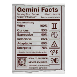 Pôster Gemini Zodiac Nutrition Facts Poster - Off White