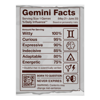 Pôster Gemini Zodiac Nutrition Facts Poster - Off White