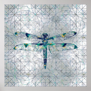 Poster Gemstone Dragonfly sobre padrão geométrico sagrado